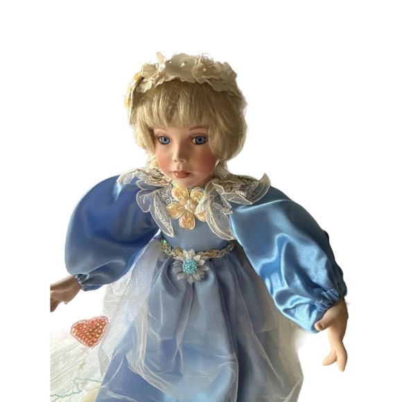 Vintage Porcelain Doll, Blue Satin Dress, 14 Inches Tall - Doll Stand Included - Picture 2 of 12